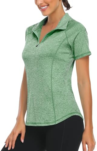 Syphiby Women's Summer Green Polo Shirts Ladies V Neck Running Gym Top