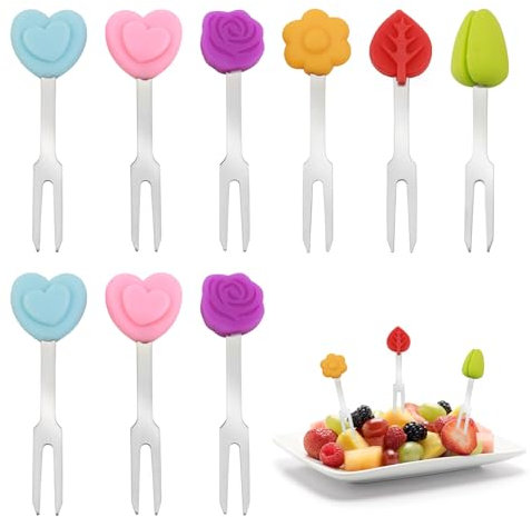 Forchette da frutta in acciaio inox, mini stuzzicadenti riutilizzabili, decorazione in acciaio inox, con decorazione in silicone, stuzzicadenti colorati facili da pulire (12)