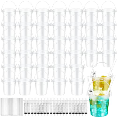Willinglong 40 Set 32oz Clear Plastic Drink Buckets Rum Buckets for Drink with Straws, Lids and Beverage Syringes Reusable Iced Coffee Cups for Rum Wine Beer Cocktail Beverage Lemonades