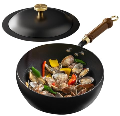 Passole Non Stick – Köksgrytor med lock | Järngrytor med trähandtag | Kinesisk Wok Non-Stick Grädde | Enkel Ren Ugnssäker Kökstillbehör För Hemmet, Lägenhet