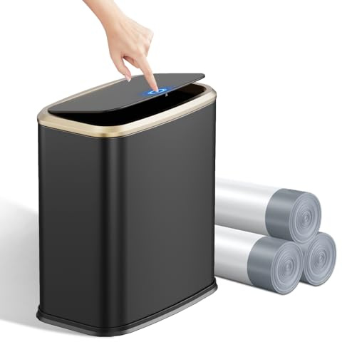 KHMMGK 2.1 Gallon Bathroom Trash Can with Lid Press Top, 8 Liter Stainless Steel Garbage Can with Press Type Lid, Slim Trash Bin Waste Basket for Toilet, Office, Bedroom, Living Room (Black)