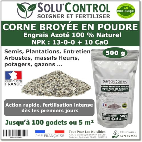 500 g de Corne Broyée en Poudre SoluControl - Formulation haute qualité Organo-Minerale - Engrais Azoté 100% Naturel- Utilisable en Agricultre Biologique