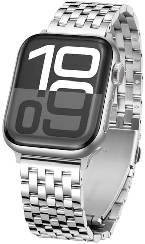 Tasikar Metallarmband kompatibelt med Apple Watch 42 mm (Serie 10) 41 mm 40 mm 38 mm, för kvinnor och män, rostfritt stål, ersättningsarmband för iWatch Ultra SE serie 10 9 8 7 6 5 4 3 2 1, silver