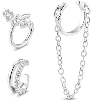 ALEXCRAFT Lot de 4 Paires Manchette d'Oreille à Clip Argent pour Femme, Fines Créoles avec Zircone en Argent 925, Petites Ear Cuff, Superposables, Non Piercing Cartilage Réglables pour Femme