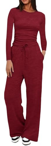 Set da donna 2 pezzi tuta casual a maniche lunghe crop tunica top e coulisse vita alta elastico pantaloni a gamba larga tuta yoga joggers tuta abbigliamento lounge set completo, D-wine, M