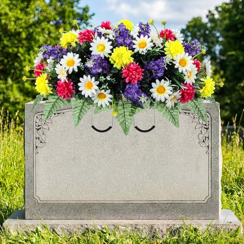 Giegxin Easter Headstone Flower Saddle Spring Cemetery Flowers for Grave Artificial Memorial Flowers Yellow White Daisy Mums Silk Floral Arrangement for Headstone Gravesites Outdoor Graveyard Decor