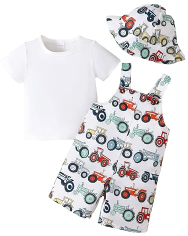UUAISSO Ropa Para Niño Pequeño Camisetas Manga Corta Estampado Oso Coche y Dinosaurio Pantalones Tirantes Conjuntos Verano Para Bebé Niño Blanco 12-18 meses