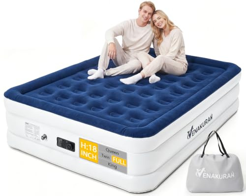 VENAKURAH Colchón de aire doble premium con bomba integrada, cama inflable de 46 cm de altura para invitados y camping, autollenado rápido en 3 minutos, superficie de flocado suave, PVC a prueba de
