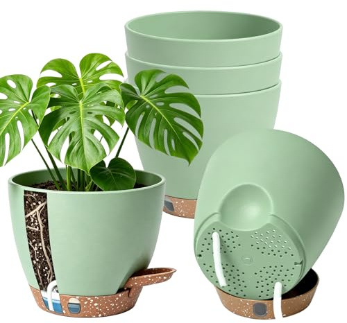 Anhow Set med 5 självfuktande kruka, krukväxt inomhus Ø 15,2 x H 13,8 cm plastkrukor 100% återvunnen plast för hem och kontor blomkrukor för rosmarin, örter, mynta, basilika - Grön