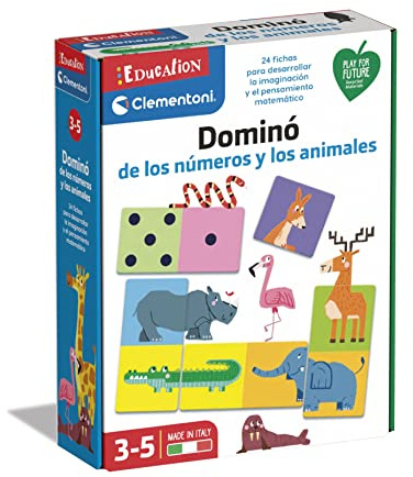 Clementoni - Education - Dominó de Números y Animales - Juego Educativo para Niños de 3 a 5 Años - 24 Fichas de Doble Cara - Aprende a Contar y Reconocer Animales, 55314