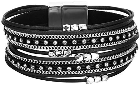 Fesciory Leather Wrap Bracelets for Women, Boho Leopard Multi-Layer Crystal Beads Cuff Bracelet Jewelry (Short Black)