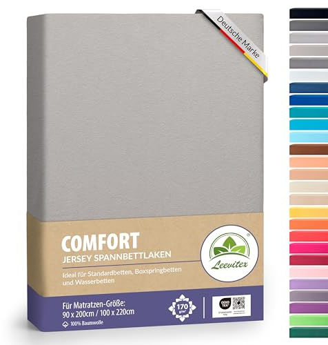 leevitex® Premium Spannbettlaken 90x200-100x220 cm - 40 cm Steg - auch für Boxspringbett & Wasserbett | 100% Mako-Jersey-Baumwolle | ÖKO-TEX | 170g/m² | Silber/Hellgrau