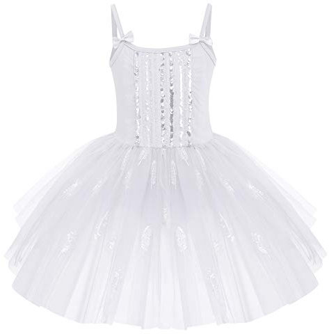 IWEMEK Ballettkleidung Ballettkleid Mädchen Ärmellos Spaghettiträger Pailletten Feder Balletttrikot Tütü Kleid Kinder Ballerina Tanzkleid Ballettanzug Tanzbody Tüllrock Gymnastikanzug Weiß 5-6 Jahre