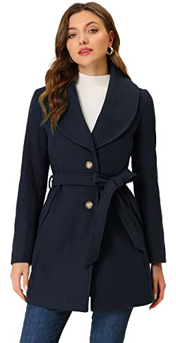 Allegra K Women's Single Breasted Belted Midi Winter Coat Dark Blue L