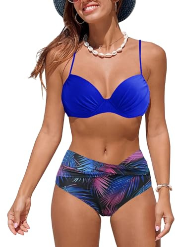 JFAN Baddräkter Kvinnor Bikini Tryck Upp Rufsar Hög Storlek Tryck Bikinis Set Badkläder Reducer Mage, Blå, XL