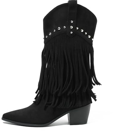 fereshte Women's Western Fringe Boots, Mid-Calf Cowgirl Boot with Studded Detail, Stacked Block Heel, Layered Tassel Design Suede Black 41 - US 8.5