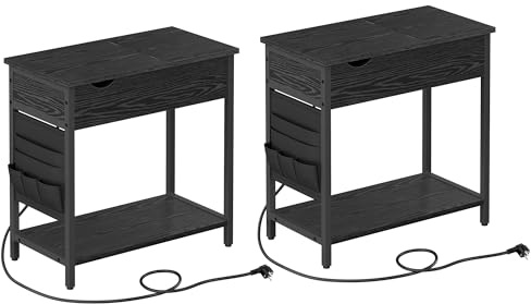 ☆ Sidobordsset med 2, nattduksbord med uttag, smal, med USB-portar, svart med trämaskor LCT647B56