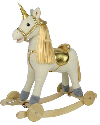 Cavallo a Dondolo per Bambini 36-72 Mesi Unicorno a Dondolo Cavalcabile in Legno e Peluche con Rotelle Suoni e Movimenti Realistici 74x30x62 cm (Bianco e Oro)