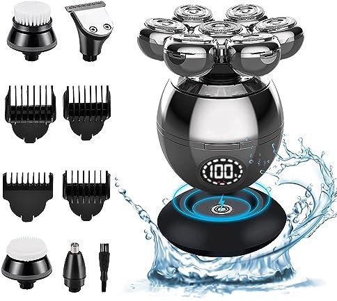 Rasoir Electriques Hommes, 5 in 1 Rasoirs à Têtes Rotatives, 7D Tondeuse Cheveux Hommes, IPX7 Étanche Rasoir Electriques Rechargeable Type-C et tondeuse nez Ave écran LED et Sec et Humide Portables