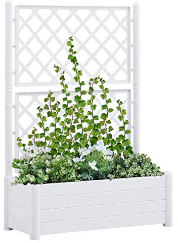 IKAYAA Jardinera con Enrejado Arriate de Jardín con Enrejado Macetero con Soporte para Trepadora Cultivos Plantas Flores para Patio Terraza Balcón 100 x 43 x 142 cm Blanco