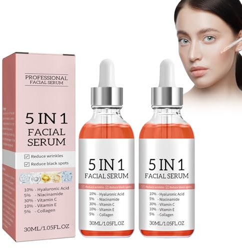 Grgowe 2Pc Sérum 5 En 1 Pour Le Visage,Sérum Facial 5 En 1,Sérum Anti-Âge,Sérum 30% De Vitamine C Pour Le Visage,Sérum Éclaircissant Anti-Âge,Pour Taches Sombres,Teint Uniforme,Rides Et Ridules