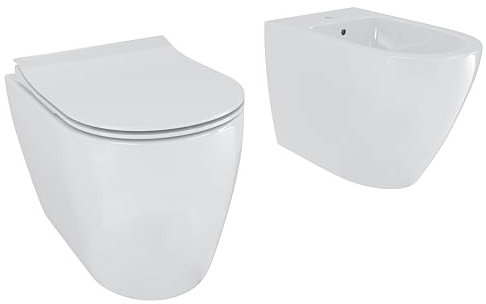 Coppia Sanitari Filomuro Filo Muro Filo Parete Vaso WC E Bidet Design Moderno In Ceramica Con Copriwater Chiusura Soft Close Chiusura Rallentata (Bianco Lucido)
