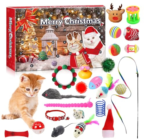 LMDGDS Set de Jouets de Noël pour Chats, 24 pièces, Calendrier de l'Avent pour Chats avec Canne à pêche à Plumes, balles, Souris, Jouets interactifs
