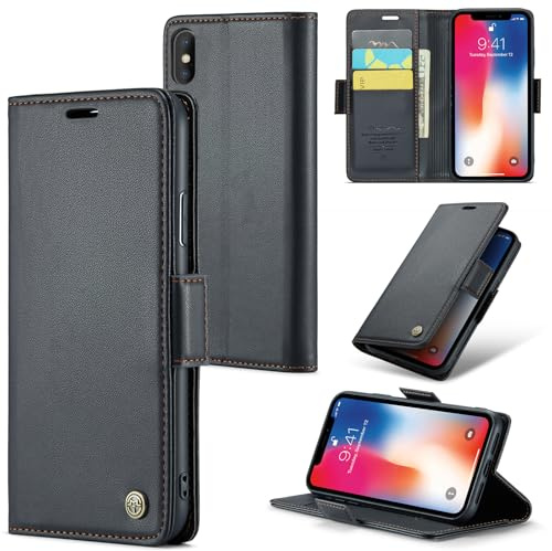 Rerzoiro Handyhülle für iPhone XS Max Hülle, Premium PU Lederhülle Klappbar Flip Case [RFID Blocker] Tasche Magnet Kartenfach Klapphülle Schutzhülle für iPhone XS Max, Schwarz