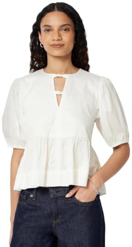 Amazon Essentials Blouse péplum Coupe décontractée en Satin de Coton pour Femme, Blanc, Taille L