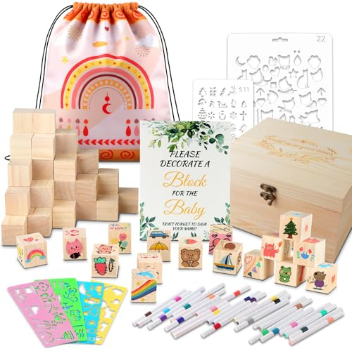 DXLing Lot de 93 jeux de fête prénatale avec 60 cubes en bois à peindre + 24 stylos acryliques + 6 pochoirs + plaque en bois blanc + boîte en bois pour fête prénatale, jeux d'activités pour invités