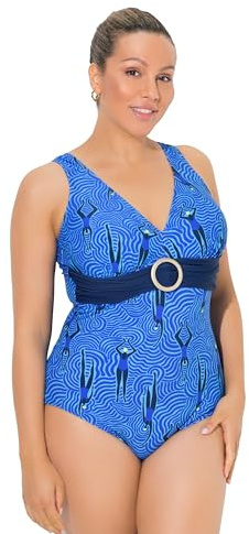 Ulla Popken Costume da Bagno con nuotatrici, Coppe morbide e Anello Decorativo Blu Asfalto 42+ 846236743-42+