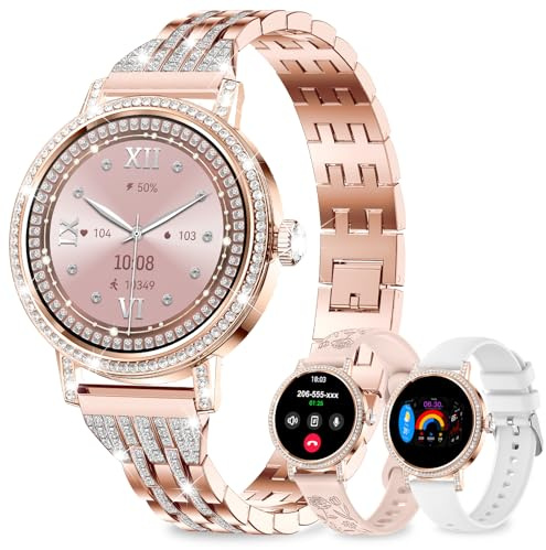 fitonyo Smartwatch Damen mit Telefonfunktion Diamant,1,27 HD Smartwatch Bluetooth-Anrufe,3 Armbänder,SpO2/Blutdruck/Schlaf/Schritte/Kalorien,120 Sportmodi IP68 Fitnessuhr für Android & iOS,Roségold