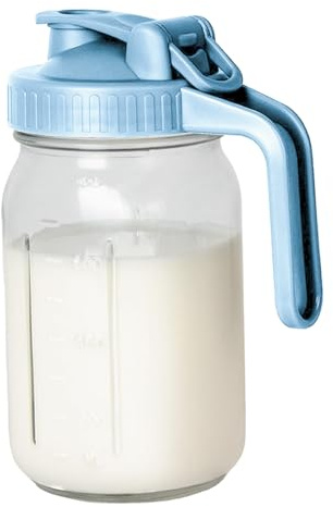 Glass Milk Jug, 32oz Leakproof Glass Jug with Lid & V-Shaped Pour Spout, Dishwasher Safe Breast Milk Storage Bottle for Home Kitchen, Blue