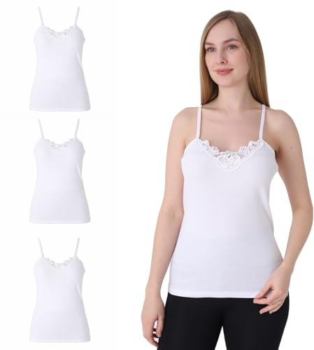 Maria Angel 3 Pack Womens Ladies Camisole Vest,Undershirt with Lace%100 Cotton (Large 14-16, White)