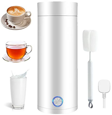 400ml Calienta Agua Electrico Portatil, 300W Termo Hervidor de Agua Portatil Control Portátil de un Solo Clic, Hervidor Eléctrico de Viaje con Cepillo de Limpieza, Acero Inoxidable, para Té Leche Café