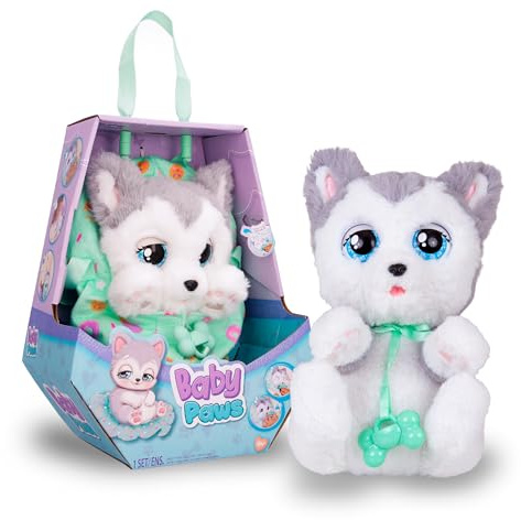Baby Paws Husky, Peluche Interattivo con Suoni, Apre e Chiude gli Occhi ed Include Borsetta, Copertina, Giocattolo Bambine e Bambini +3 Anni