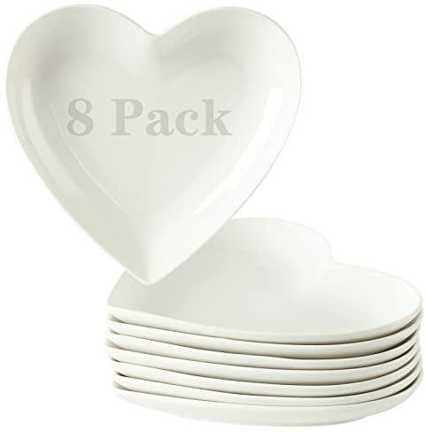 TAMAYKIM 7.5 Inch Porcelain Dessert Plates, Heart Shaped Salad Appetizer Plates, Small Dinnerware Set, Restaurant Dishes, Microwave, Oven & Dishwasher Safe, White, Set of 8