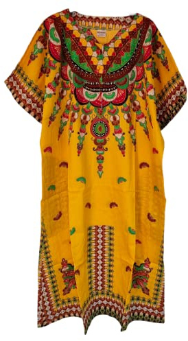 Womens 100% Cotton Long Kaftan Dress Summer Dashiki African Print One Size Loose Baggy Style Beach Cover