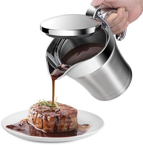 Saucière en acier inoxydable, 750 ml avec couvercle à charnière et poignée, double paroi isotherme, idéale pour la sauce, la crème, garde les aliments chauds ou froids
