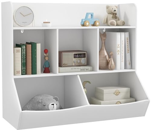 HOMCOM Libreria per Bambini a 3 Livelli, Mobile Portagiochi a 5 Scomparti in Legno con Dispositivo Antiribaltamento, 91.5x43x79cm, Bianco
