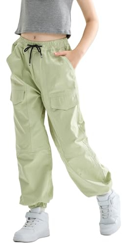 Rolanko Pantaloni Hip Hop per Ragazze, Pantaloni Cargo Elasticizzati per Bambini Jogger per Streetwear e Danza, Verde Saga, Taglia: 8-9 anni/140