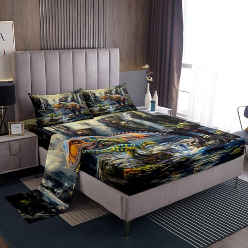 Watercolor Dinosour Kids Sheet Queen Size,Jungle Pine Trees Mountain River Bedding Set,Boys Girls Room Decor,3D Dino Ancient Animals Green Blue Bed Sheet Set 4pcs(Fitted + Flat + 2 Pillowcases)