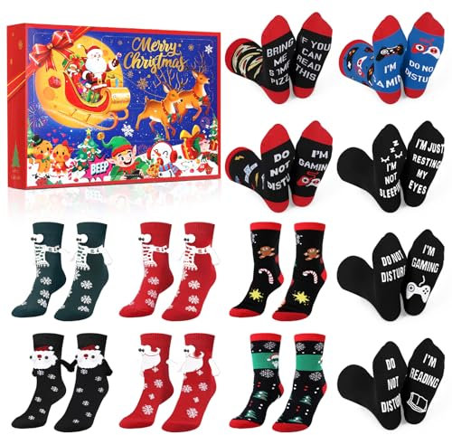 MJARTORIA 12 Paare Weihnachtssocken Adventskalender 2025 Frauen Männer, Lustige Socken Magnetisch Partner BFF Erwachsene Kuschelsocken Baumwolle, Weihnachtskalender Christmas Socks Geschenke