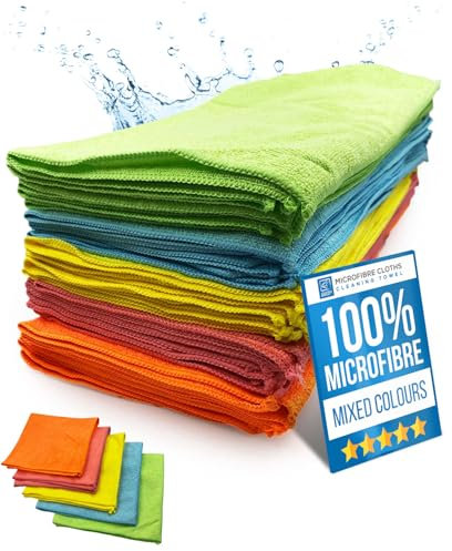 Microfibre Cloth Pack of 40 Microfiber Cleaning Cloths, Super Absorbent, Very Soft for Bathroom, Kitchen, Windows, Glass, Car Interior & Exterior, Mixed Colour 40cm x 40cm