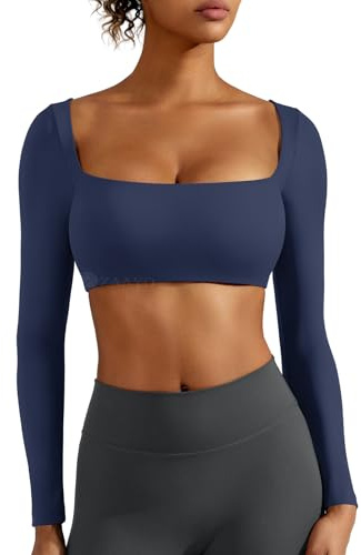 ZAAYO Top corto de manga larga para mujer, camiseta de gimnasio para mujer, con sujetador integrado, camiseta básica, camiseta deportiva para mujer, con escote cuadrado, azul marino, M