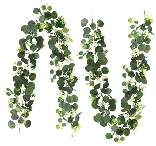 FDJZXW 2 Stück 1,8m Simuliertes Künstliche Eukalyptus Girlande, Deko Schönes Eukalyptus Künstlich Girlande, Deko Blumengirlande Tischgirlande Hängend Blätter für Hochzeit Bogen Garten Indoor Outdoor