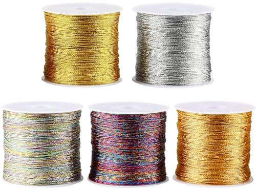 Bangbobi 5 rotoli di filato glitterato, filo dorato da 250 m per lavori artigianali, 0,4 mm x 50 m/rotolo, cordino per realizzare gioielli, collane e braccialetti