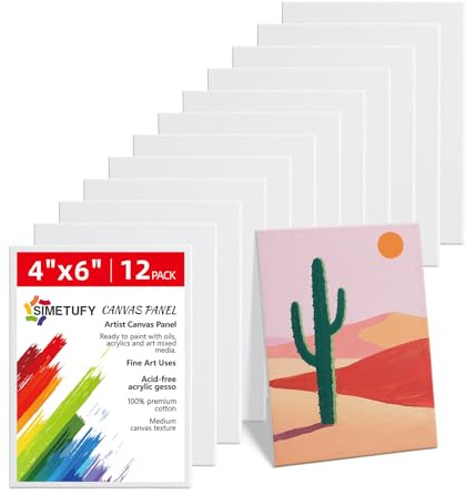 Simetufy 4 x 6 inch 12 Pack Small Painting Canvas Boards- Gesso Primed Acid-Free 100% Cotton Mini Canvas Panels for Acrylics Oil Watercolor Tempera Paints