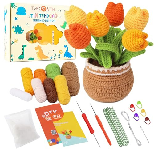 Lonsien Juego de ganchillo para niños, tulipanes de ganchillo para principiantes, juego completo de punto para principiantes, set para niños y adultos, DIY con agujas de ganchillo, hilo con