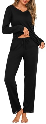 Jahetuul Ensemble Pyjama Femme Élégant avec Dentelle Col en V Bordures en Dentelle au Pantalon Pyjama Long Doux pour Nuit